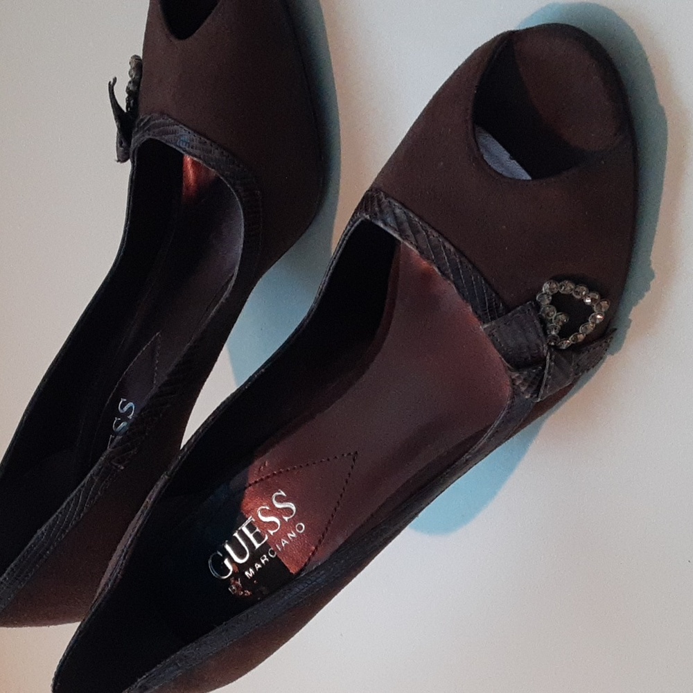 Guess by Marciano 3 1/2" suede peeptoe   heels with Sworvski crystal hearts.